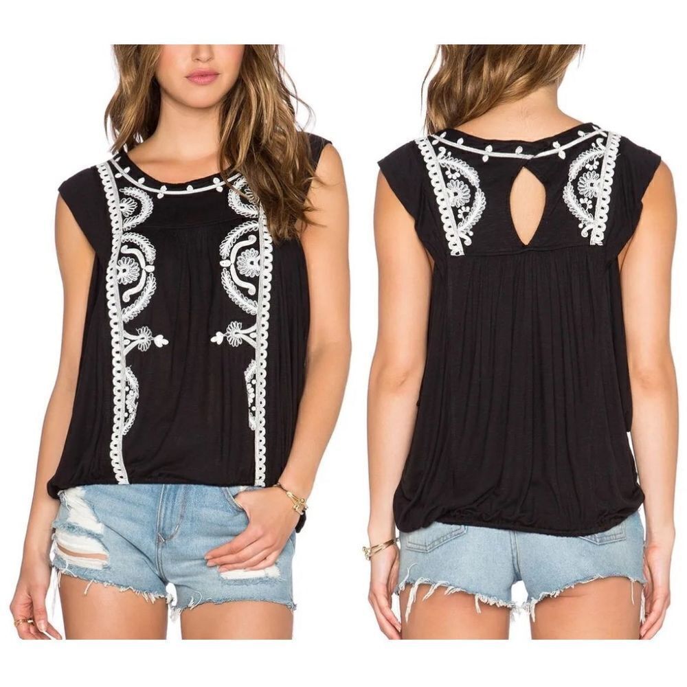 Free People DOS SEGUNDOS Black/White Embroidered Batwing Top Sz M